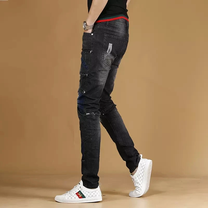 Autumn Black Patchwork Jeans Men Streetwear Slim Fit Straight Pants Casual Biker Stretch Denim Trousers