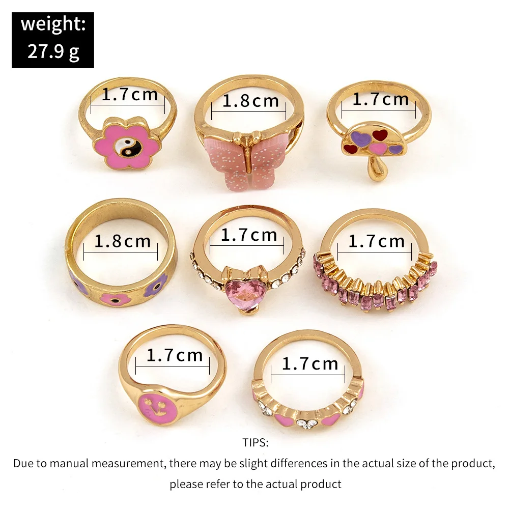 

2023 new fashion ins inlaid diamond heart ring personality flower Taiji Yin Yin mushroom love drop oil ring 8-piece set for wome