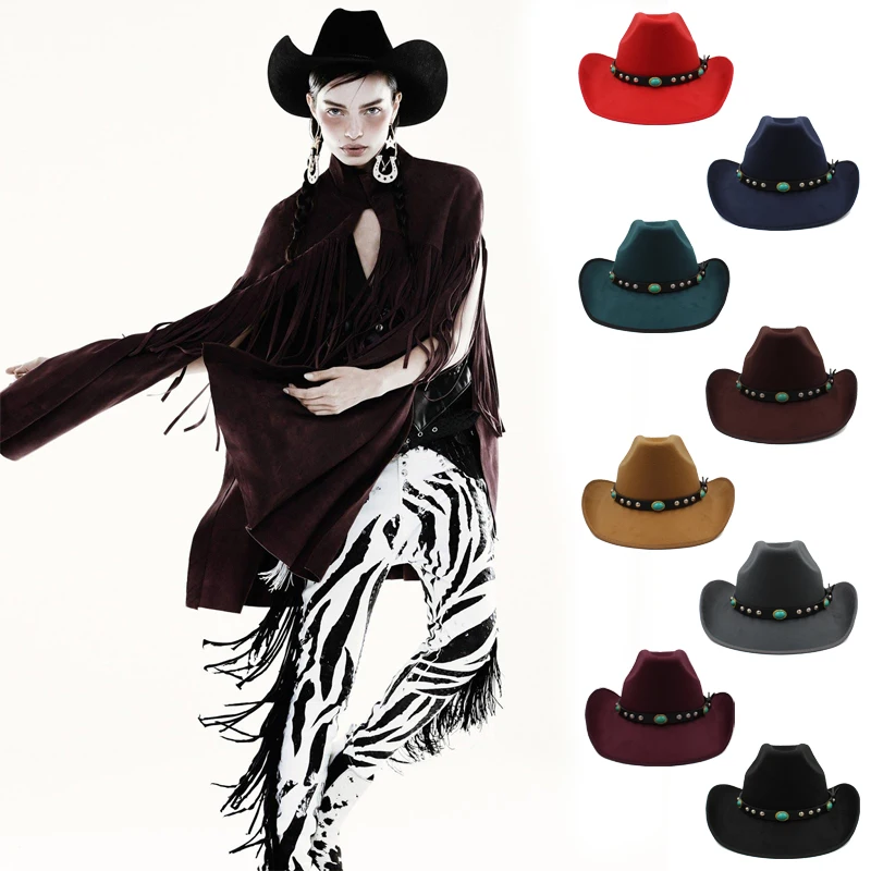 

Men Women Woolen Western Cowboy Hats Wide Brim Sunhats Party Travel Sombrero Outdoor Caps Classical Retro US Size 7 1/4 UK L