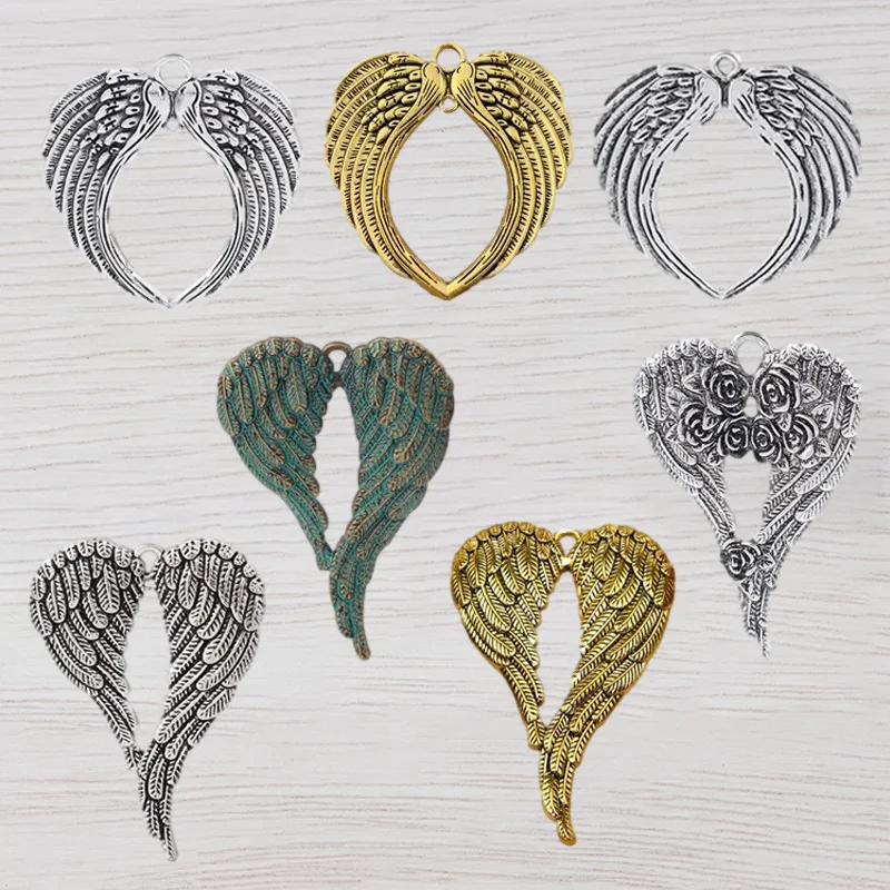 

3 x Tibetan Silver/Gold Large Angel Wings Feathers Heart Charms Pendants for Necklace Jewelry Making Finding Accessories 69x65mm