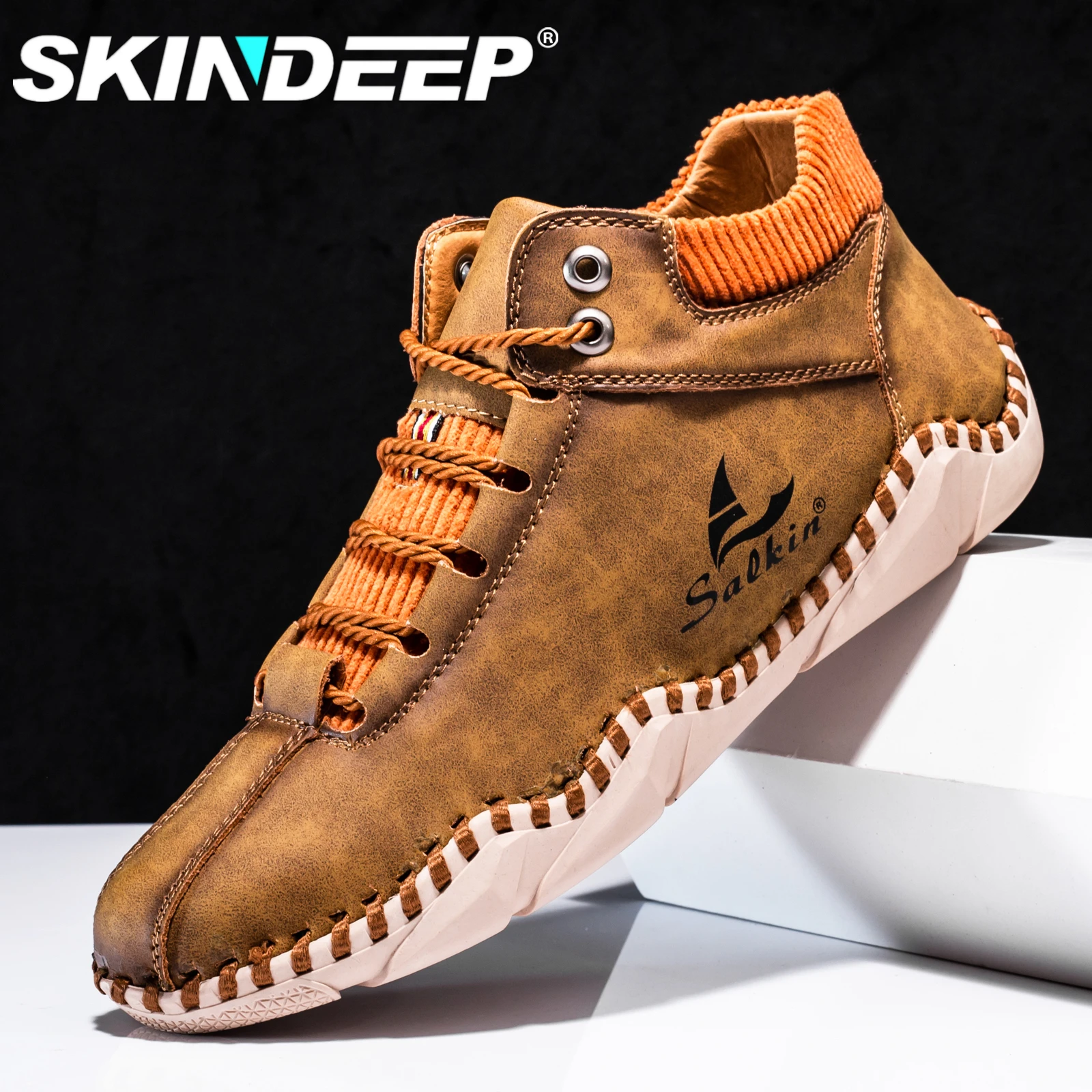 SKINDEEP 2023 Men's  Geniue Leather Shoes Fashion Vintage Hand Stitching Soft Business Casual Ankle BootsFlats Oxfords Plus Size