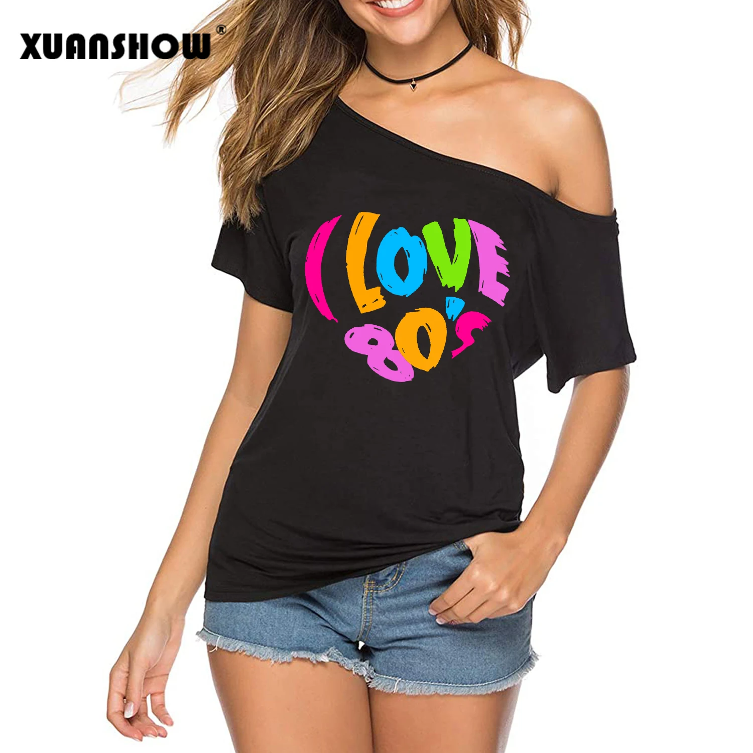 XUANSHOW 2022 Summer I Love 80s Heart Emotional Element T-shirt Sexy Off Shoulder Tops Short Sleeve Letters Printed Tee Shirt