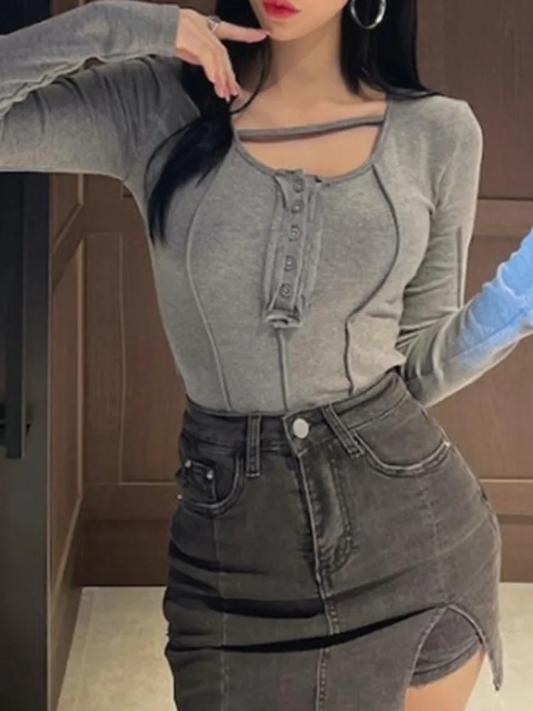 

Новинка, привлекательная облегающая футболка womпорайзер во французском стиле для девушек с длинным рукавом, Однотонный женский однобортны...