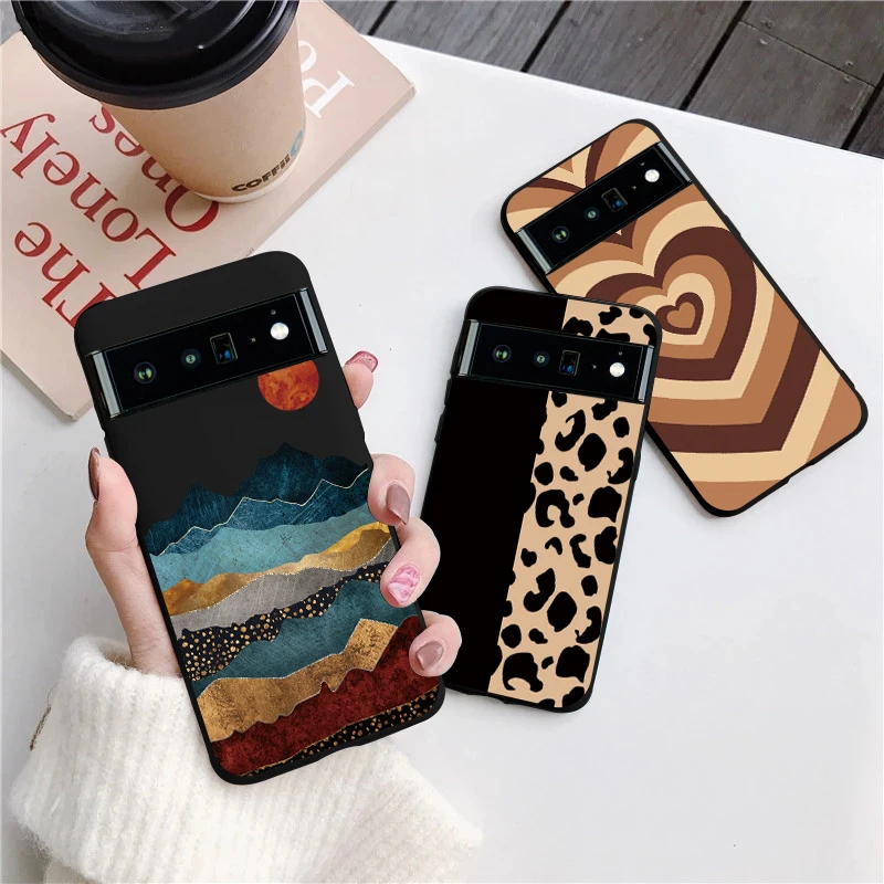 

Leopard Print Phone Case for Google Pixel 6 6 Pro Black Soft Silicone Coque Protection Back Covers Heart Art Painting Fundas