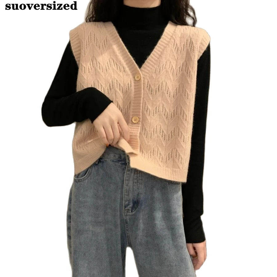 

Spring Fall Loose Knitted Sweater Vest Women Basic Solid Gilets Casual Korean Waistcoat Cardigan Short Tops Bottoming Shirt 2022