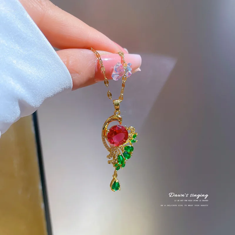 

Titanium Stainless Steel Pendant Necklaces for Women Zircon Inlaid Real Gold Plated Peacock Screen Collar Luxury Jewelry 2022