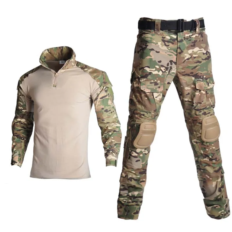 Conjunto de uniforme de camuflaje, traje militar con camisa y pantalones de carga a juego, ideal para paintball airsoft combate táctico o tiro, ropa con coderas y rodilleras para exterior