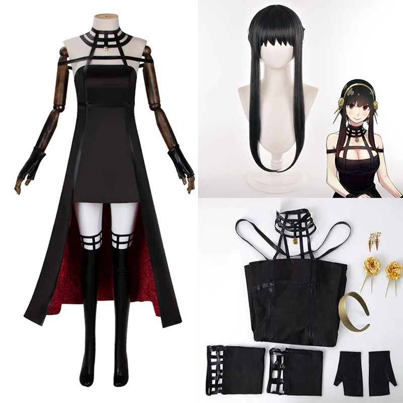 

Anime Spy X Family Yor Forger Cosplay Costume Wig Dress Set Black Red Outfit Hairpin Earrings Costumes Women Clothes Party
