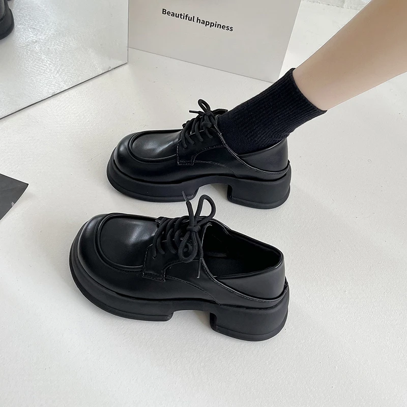 

Black Thick-soled Small Leather Shoes British Style Lace-up Loafers Women's 2022 New Autumn Muffin Retro Casual Flat Shoes