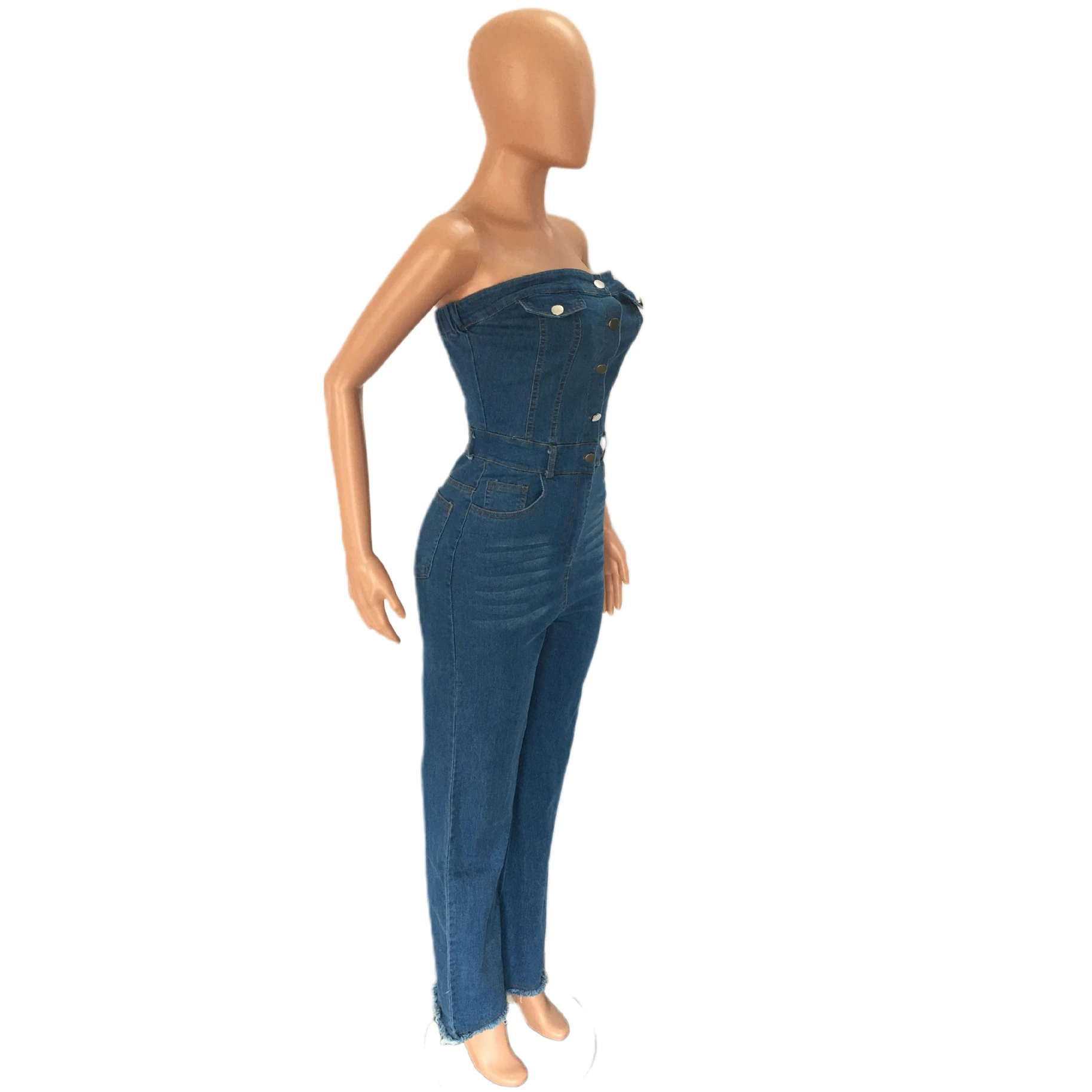Strapless Blue Denim Jumpsuit Women's 2023 Summer New Korean Fashion Button Down Jeans Overalls Female Wide Leg Pants Jumpsuits