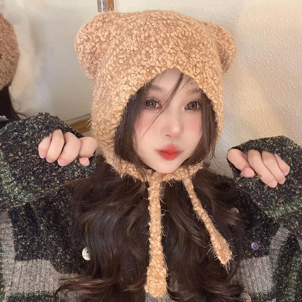 

Soft Material Hat Knitted Winter Cap with Cartoon Bear Head Design Warm Elastic Women's Beanie for Cold Weather Protection Lady