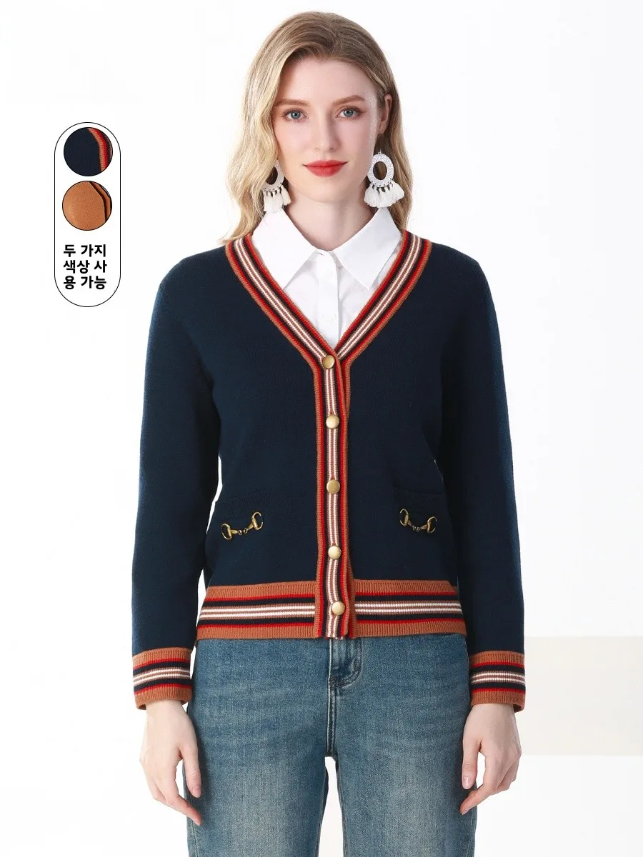 Tang Judy 2024 новая зимняя женская одежда однобортный шерстяной свитер в полоску