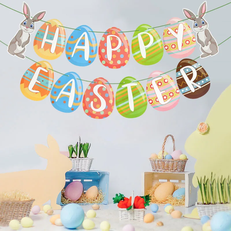 

1pc Easter Pull Flag Cute Cartoon Rabbit Egg Hanging Flag Children's Room Interior Decoration Happy Easter Home Party Supplies