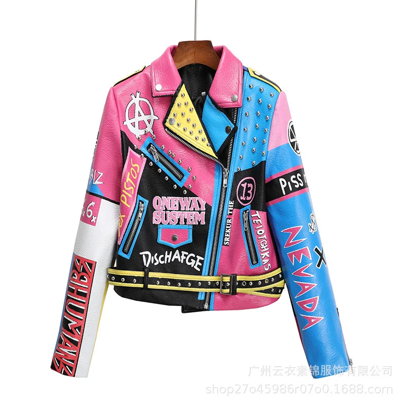 European And American Women'S Leather Clothes Are Fashionable, Handsome, Slim And Short, Printed, Color Contrast Rivet Motorcycl