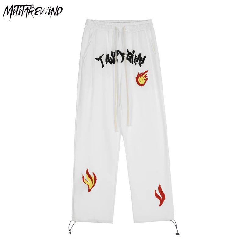 

Брюки мужские прямые с вышивкой надписями и пламенем, повседневные тренировочные штаны на шнуровке, прямые свободные штаны унисекс, уличная одежда