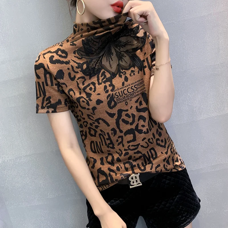 #7611 летняя леопардовая футболка Женская сетчатая Сексуальная с коротким рукавом