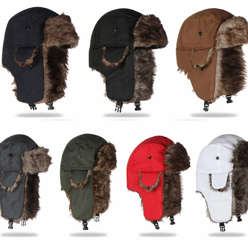 

Unisex Men Women Russian Hat Trapper Bomber Warm Trooper Ear Flaps Cap Winter Ski Hats Solid Fluffy Faux Fur Cap Headwear Bonnet