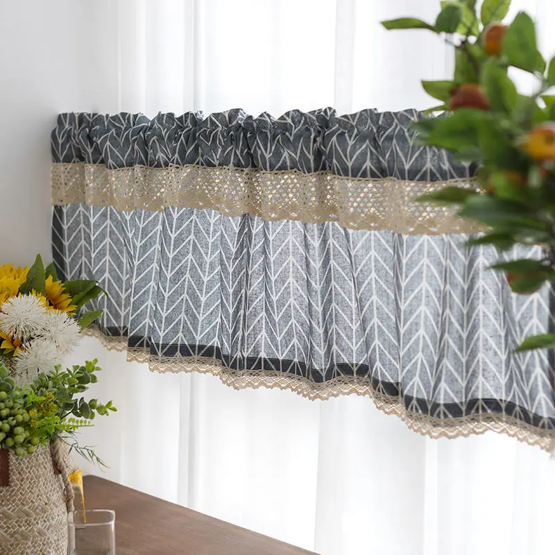 

Valance Short Window Curtain Linen with Lace Arrow Pattern Rod Pocket Kitchen Curtains Farmhouse Rustic Semi-sheer Valance Daily