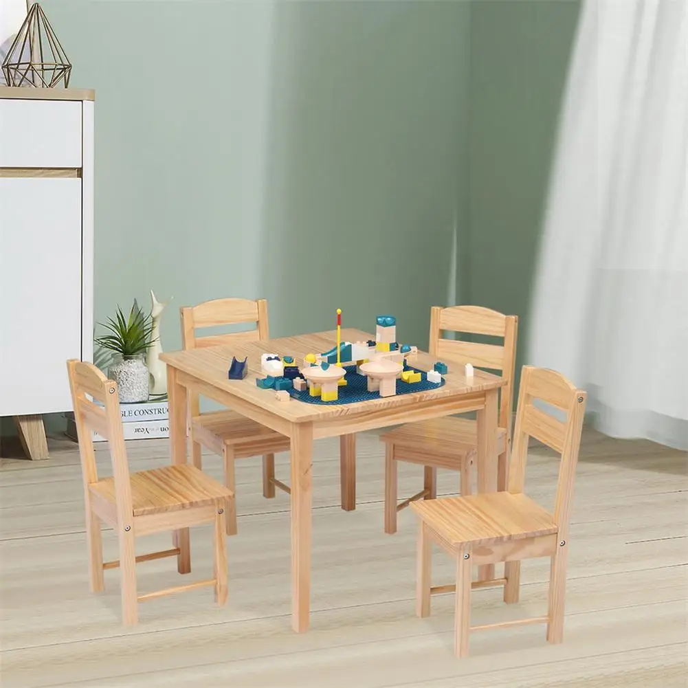 

US Stock Children Pine Wooden Table Chair Set For Eating Reading Coloring Playing Games 66x56x49cm (1 Table With 4 Chairs)