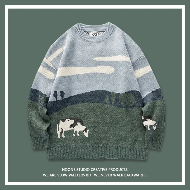 Мужской свитер с круглым вырезом пуловер в стиле прерий и коров 2024