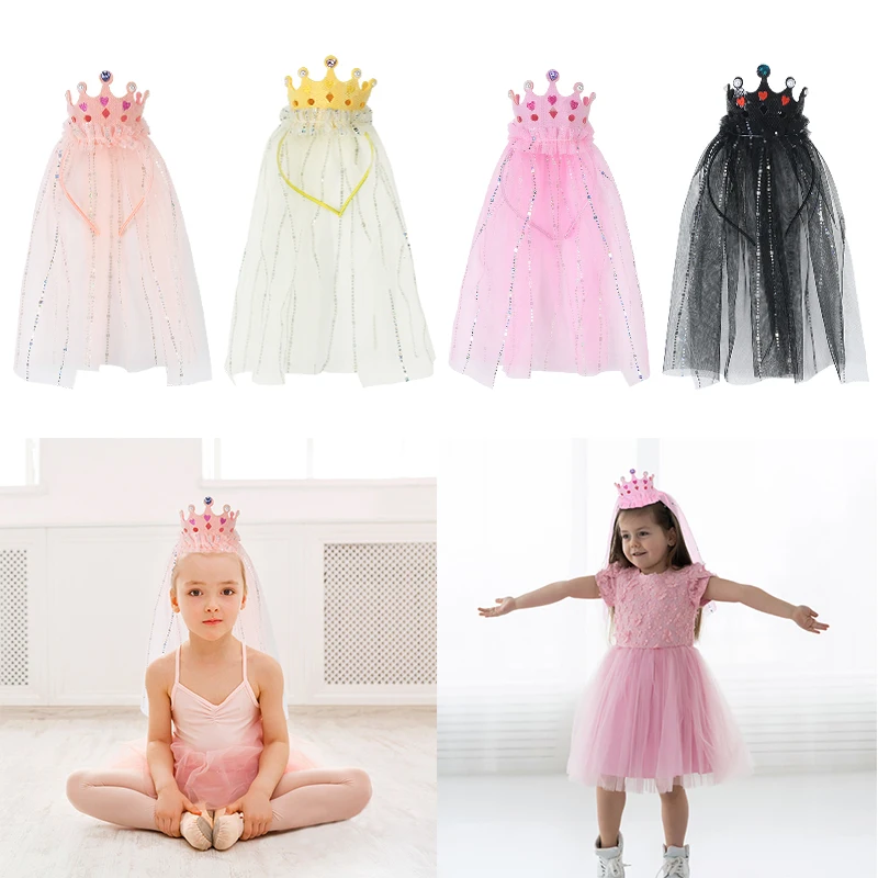 

Princess Hairbands Yarn Veil Crown Bow Knot Children Hair Accessories Birthday Decoration Baby Shower Girl Dress