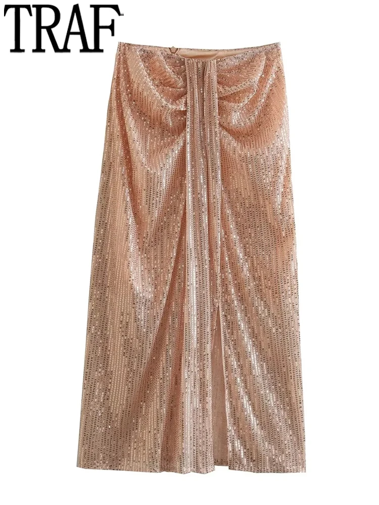 

TRAF Sequins Skirt Woman High Waist Midi Glitter Skirt Women Knot Split Long Skirts For Women Elegant Fashion Woman Skirts 2022