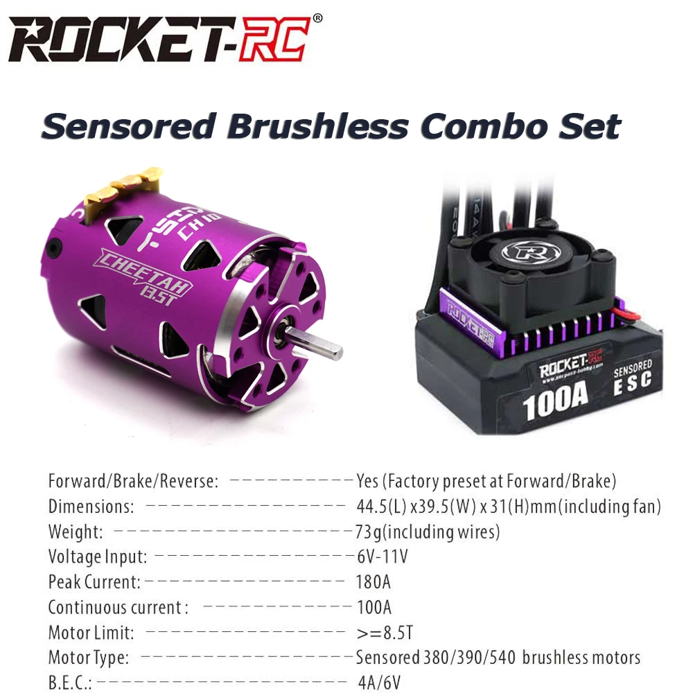 Фото Запчасти для гоночного автомобиля 1/10 RC ROCKET RC 100A ESC с двигателем CH10 540, 10,5 т, 13,5 т, 17,5 т, 21,5 т, бесщеточный комбинированный набор с датчиком, вал 3,175 мм №1