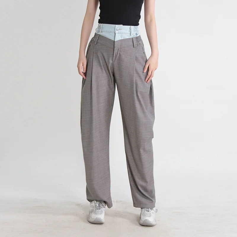 New Contrast Denim Panel Women Casual Pants with Half Elastic Double Waist Loose Pleated Show Thin Checkered Harlan Pants