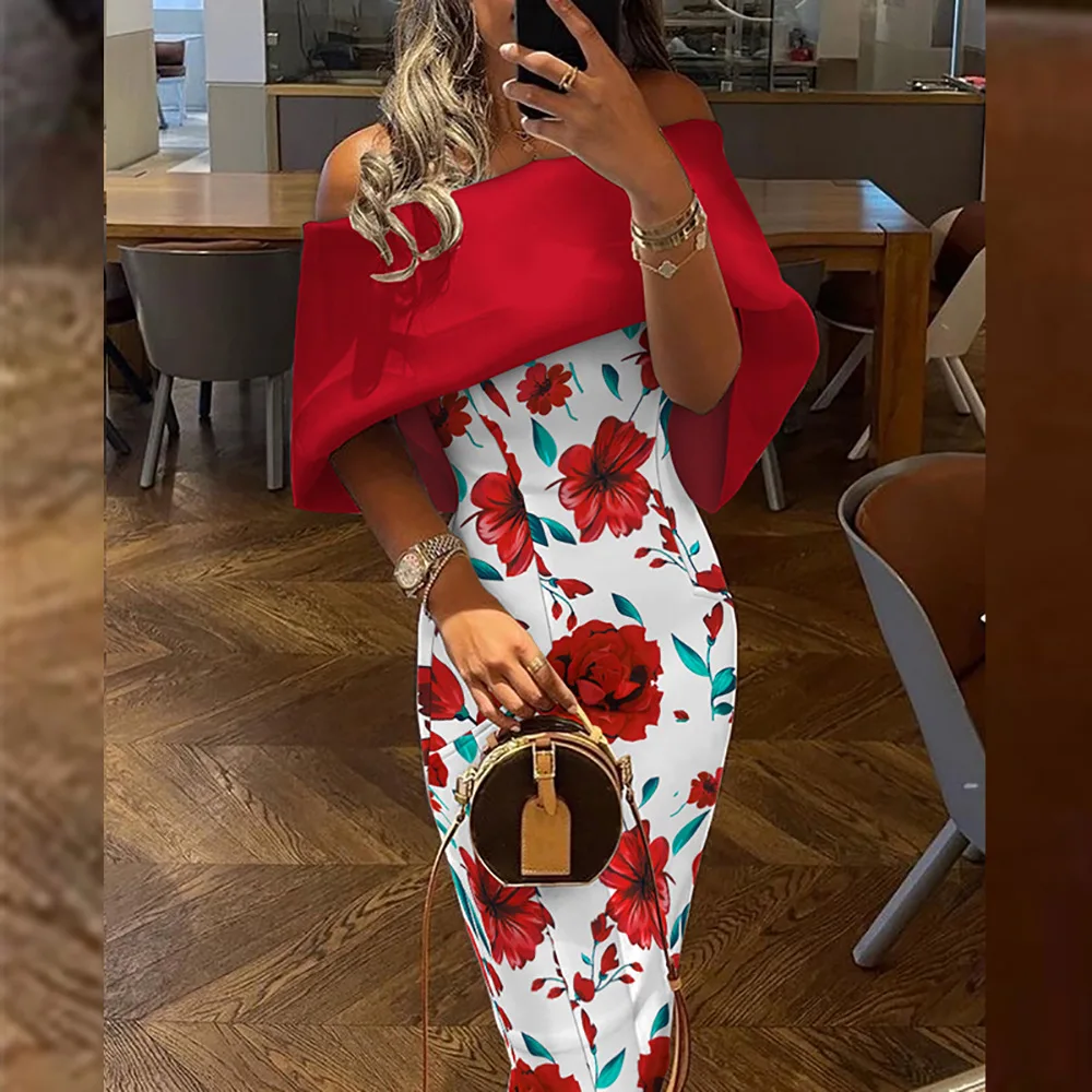 

Summer Women's Fashion Sexy Off Shoulder Off Shoulder Off Shoulder Collar Slim Fit Wrap Hip Print Dress Dress
