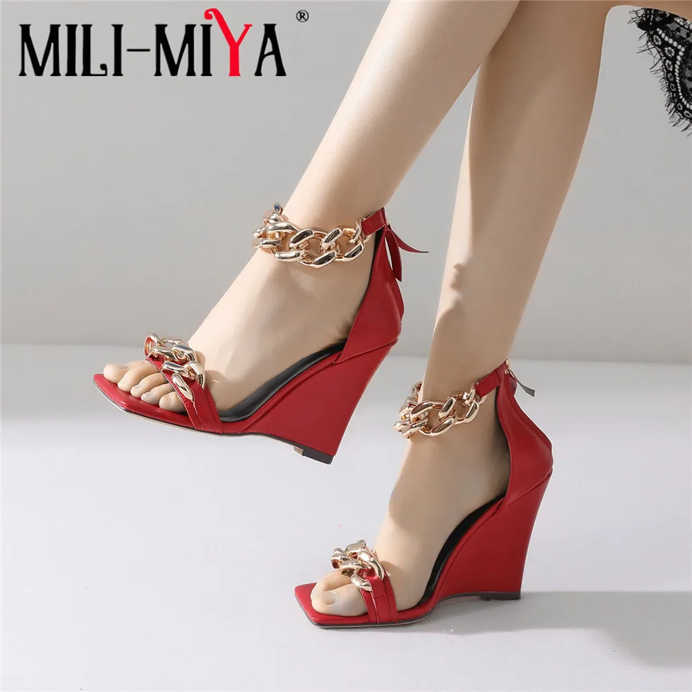 

MILI-MIYA New Arrival Women Microfiber Sandals Wedges Heels Fashion Square Toe Chain Ankle Wrap Zippers Solid Color Cover Heels
