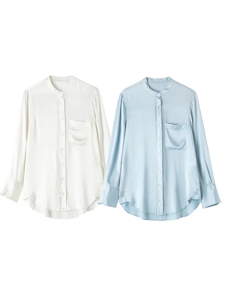 

2022 Summer Women Satin Shirts Blouses Tops Fashion Solid Pocket Loose Female Casual Street Top Smock Clothing