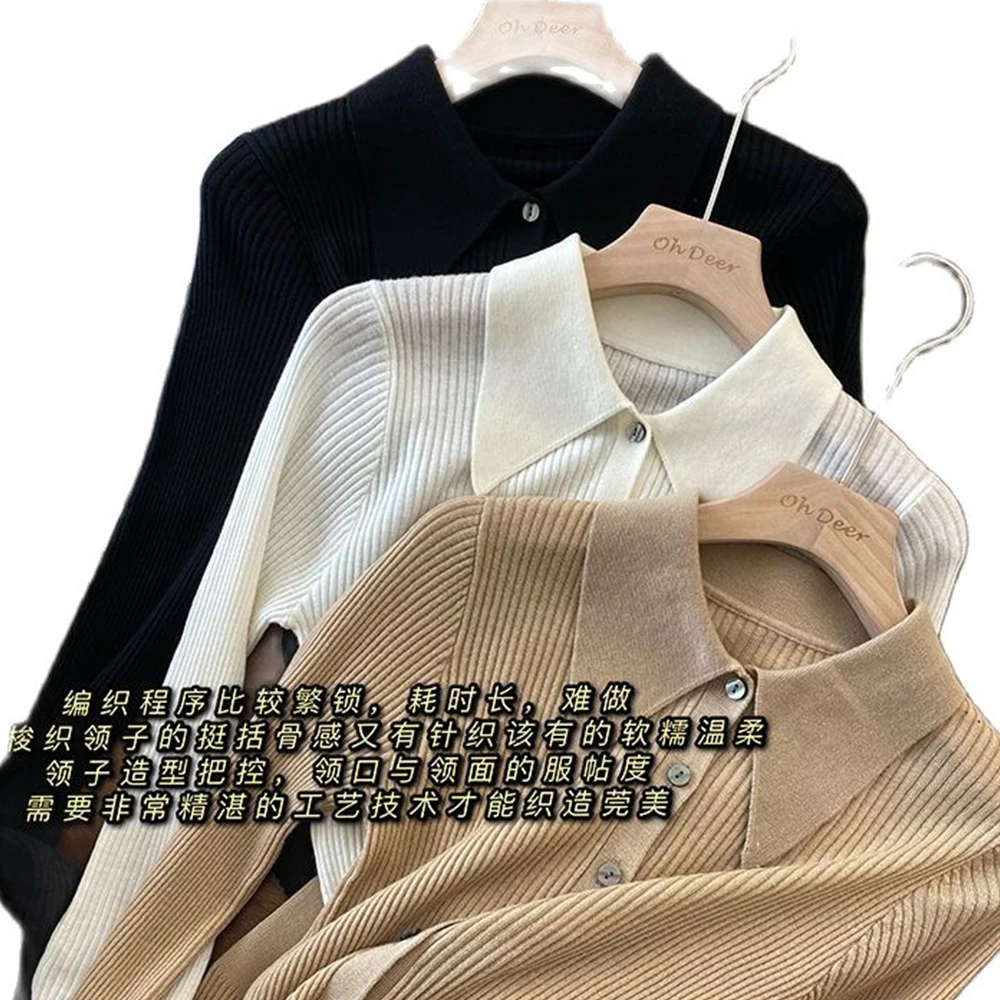 

Long Sleeved Silk Wool Cardigan Small Lapel Slim Fit Women's Polo Knitted Top Spring and Autumn Basic Tee Tops Soft Women