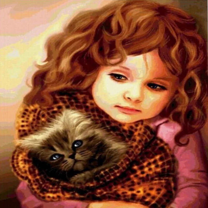 

Diamond Painting Cross Stitch kit Diamond embroidery Girl with a kitten 40x40cm 3d square drill Mosaic full coverage Pictures