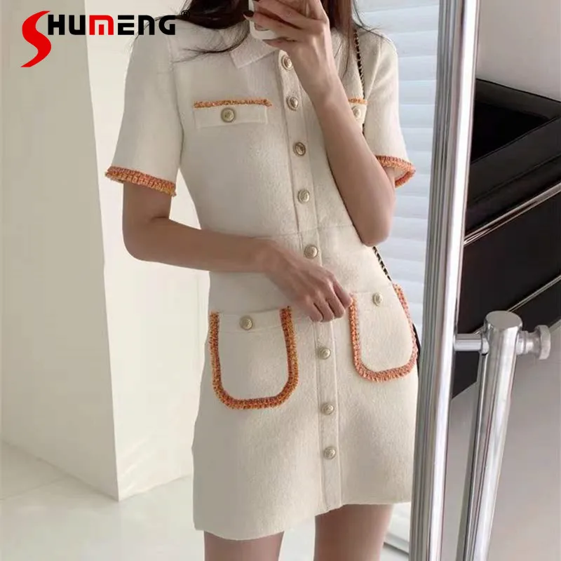 

2022 Early Spring New Ladies Fashion Elegant Polo Collar Knitting Dress Women Simple Contrast Color Ruffled Short Sleeves Dress