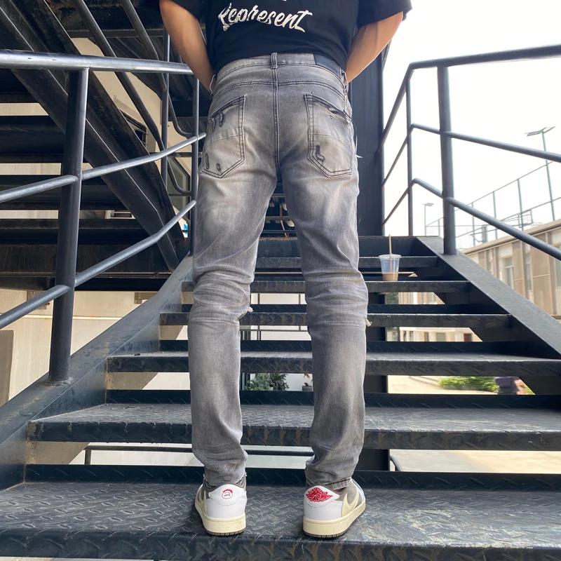 High Street Fashion Men Jeans Retro Dark Gray Stretch Skinny Ripped Jeans Men Black Leather Patched Designer Hip Hop Brand Pants