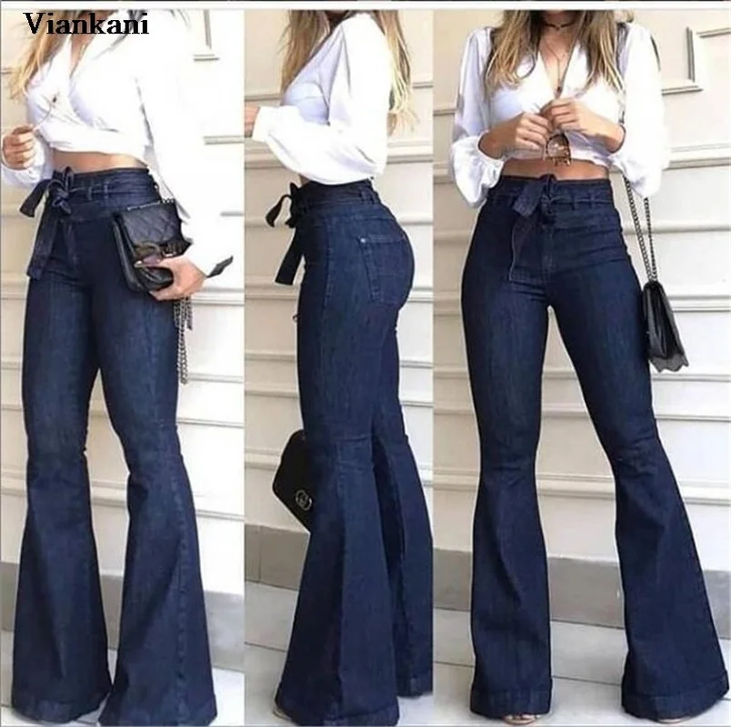 Women's Fashion Little Stretch Full Length Flare Pants Denim Female Blue Autumn High Waist Lace Up Boot Cut Jeans Cords Trousers