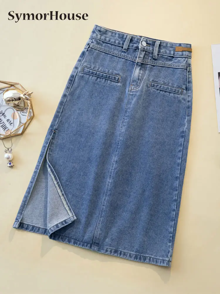 

Лето 2022, новинка, Женская юбка с разрезом спереди, Женская винтажная синяя джинсовая юбка А-силуэта с высокой талией