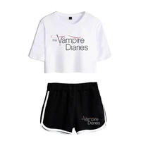 2022 summer women the vampire diaries two piece set summer harajuku cotton print crop top t shirt and shorts girls yoga suits