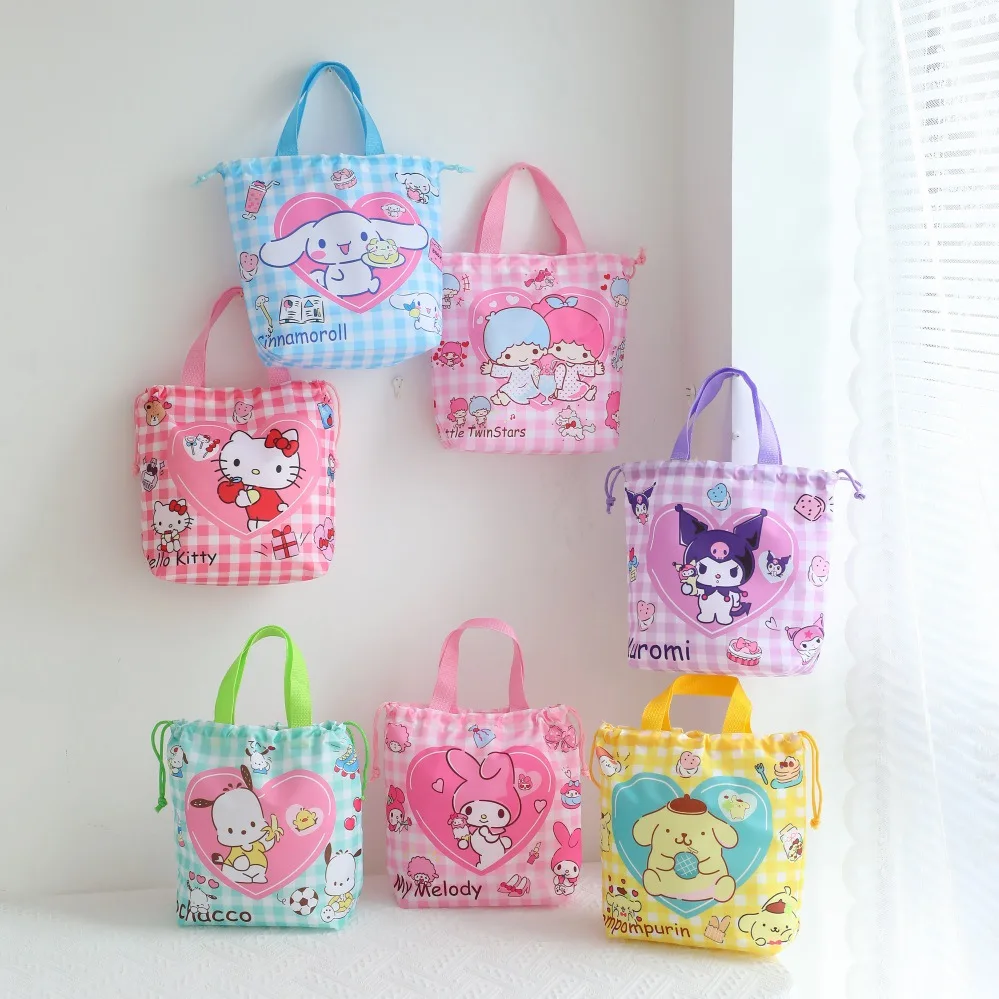 

Милый мультяшный Sanrio Hellokittyed Kuromi My Melody Cinnamonroll, сумка-тоут, решетчатая сумка на шнурке для хранения напитков, Ланч-бокс, сумки