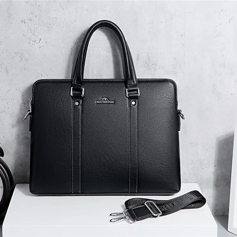 Men Briefcase Double Zipper Genuine Leather Shoulder Bag 14 Inch Laptop Bag Large Capacity Male Business Handbag Travel Bag