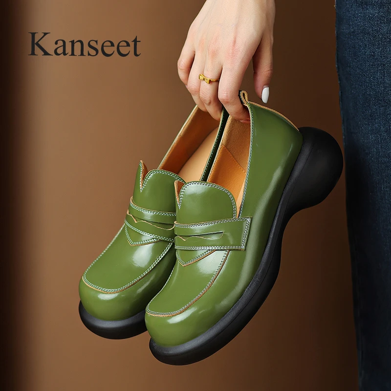 

Kanseet Casual Platform Loafers 2022 New Autumn Round Toe Handmade Comfortable Genuine Leather Thick Heels Lady Footwear Green