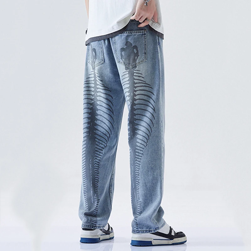 Men's Jeans High Street Fishbone Printed Jeans Men's Korean Version of The Trend of Loose Straight Wide-leg Pants Ins Hot Sale