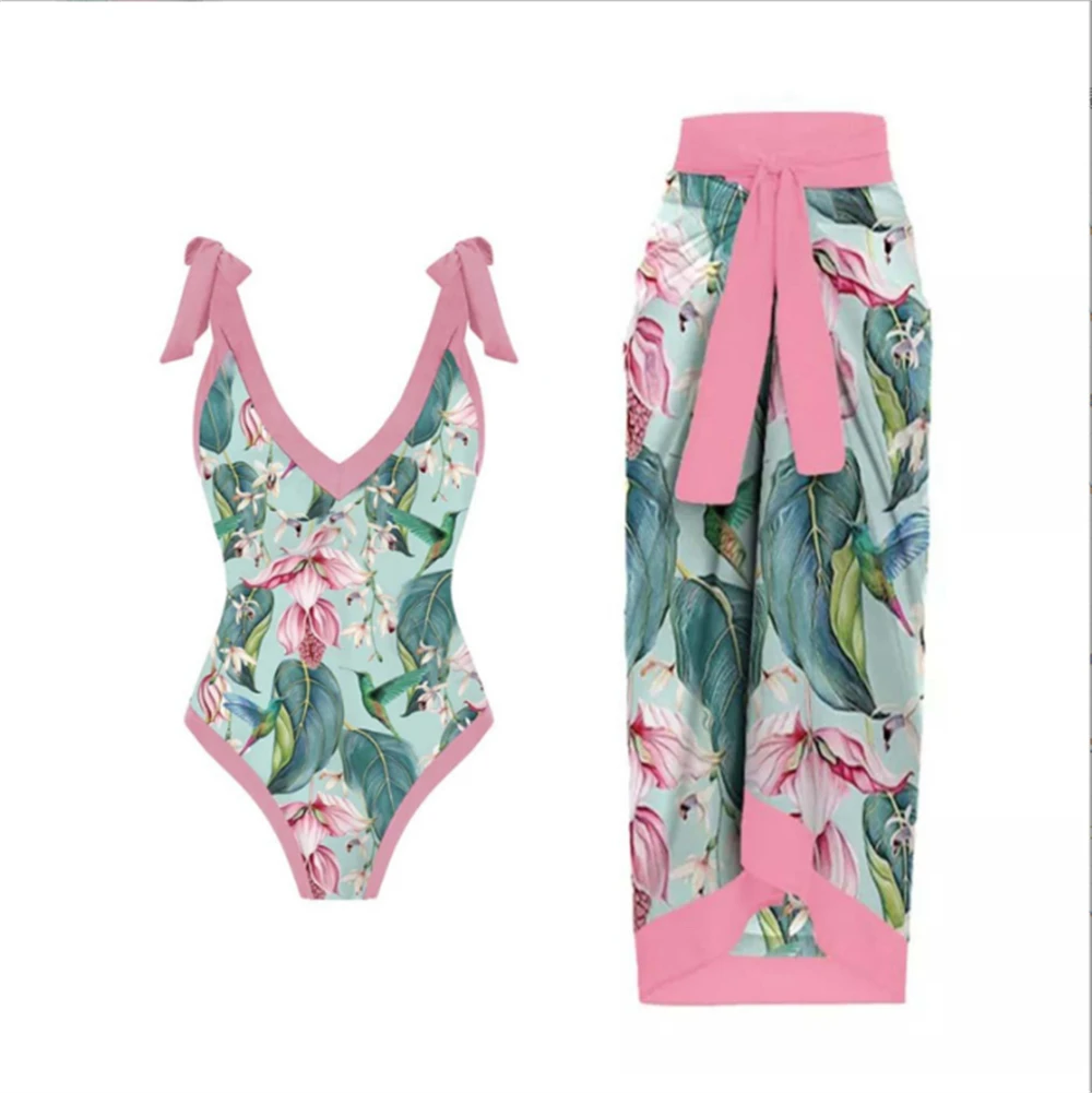 

Deep V Neck Women Girls Swimwear Vintage One Piece Summer Beach Wear Luxury Swimming Suit Floral Printed Tie Dye Lace Stripe