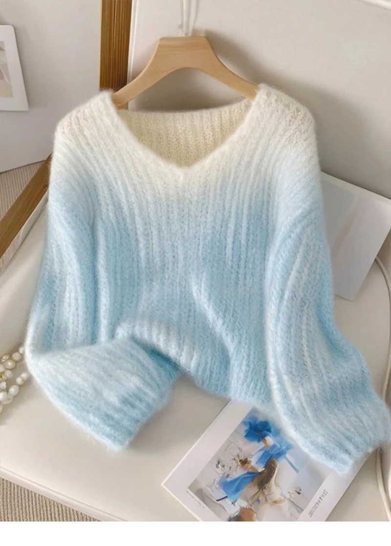 Женский трикотажный пуловер Bomon свободный синий свитер с V-образным вырезом и