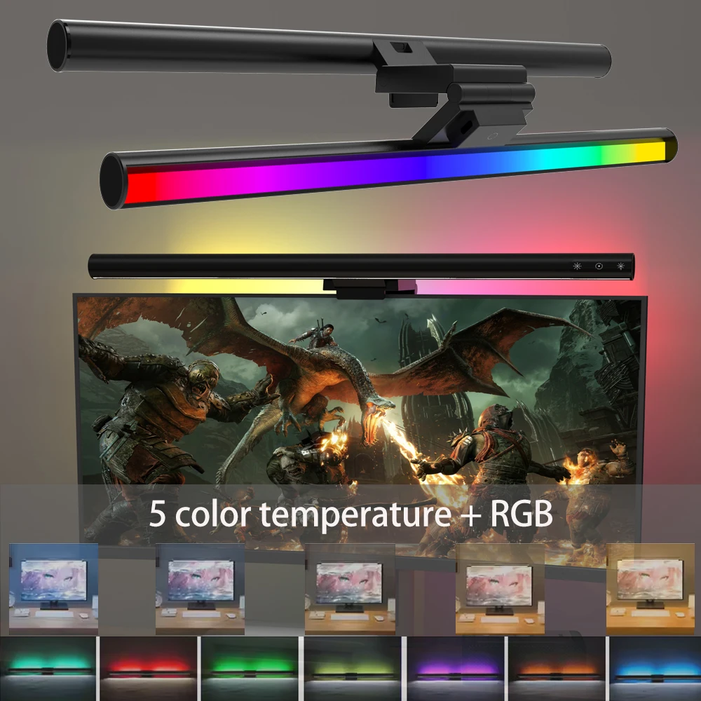 Фото Светодиодная лампа для создания игровой атмосферы RGB, 42 см, подвесная на экран ПК, с защитой для глаз, 5 цветов, для офиса/учебы/чтения №1