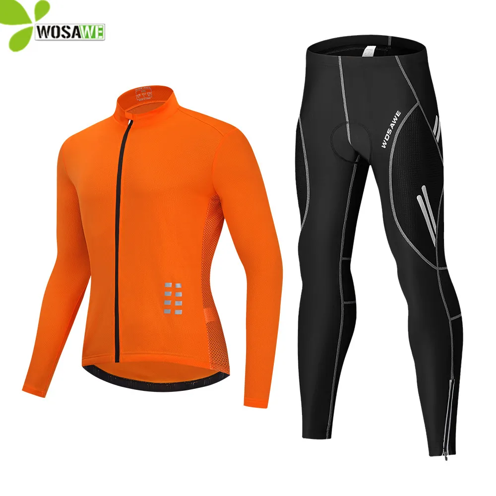 

WOSAWE Spring Summer Men Cycling Jersey Suit Breathable Reflective MTB Bike Padded Pants Long Top Shirts Set Bicycle Clothing