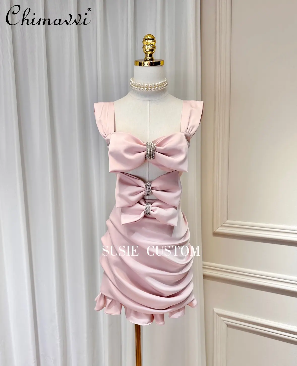 Princess Bow Pearl Rhinestone Chain Hollow-out Midriff Ruffle Hip Ruffled Vest Satin Dress for Women 2023 Spring and Summer New