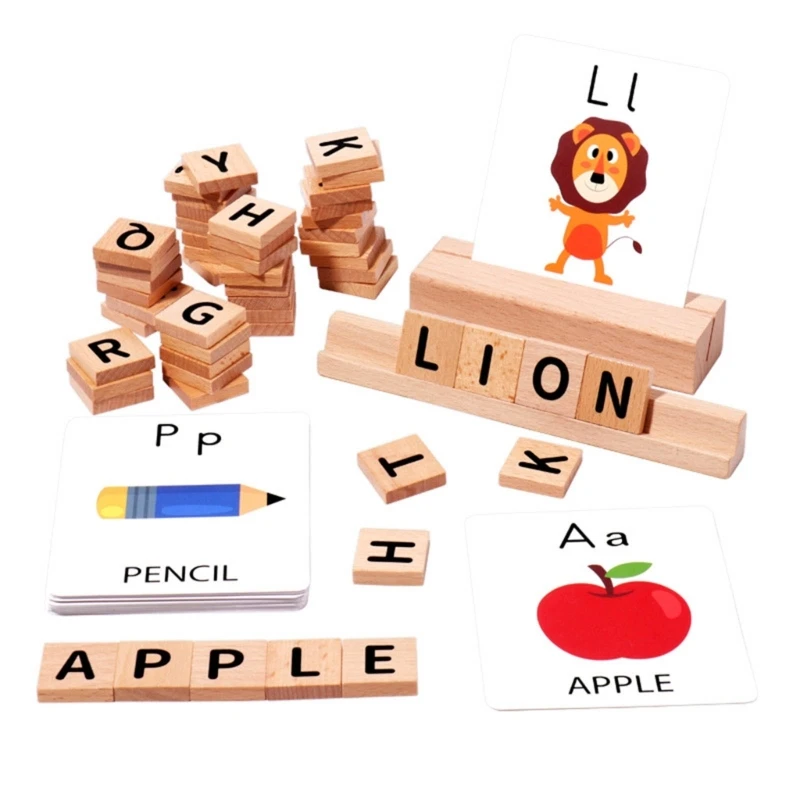 

Letter Spelling Block Flash Cards Game English Words Early Educational Puzzle Game for Children Kids Montessori Wood Toy