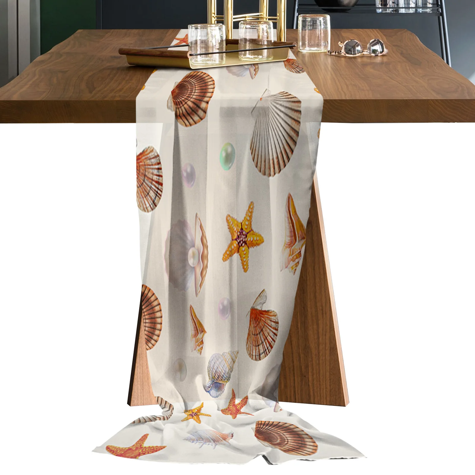 

Seashell Pearl Starfish Ocean Gauze Table Runner Wedding Decor Dinning Table Print Chiffon Table Runner Tablecloth for Kitchen
