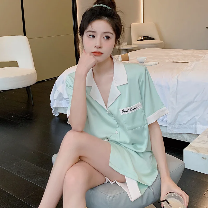 Pajamas for Women's Summer Thin Short-sleeved Shorts Home Suit Breathable Comfortable and Soft Sleepwear with Turn-over Collar